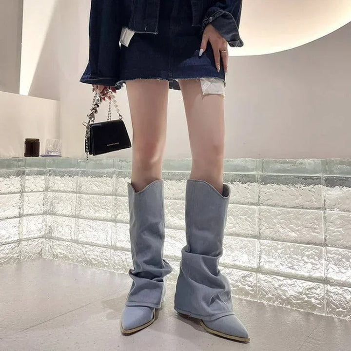 Stilla | Kvinder Knælang Denim Cowboy Støvler