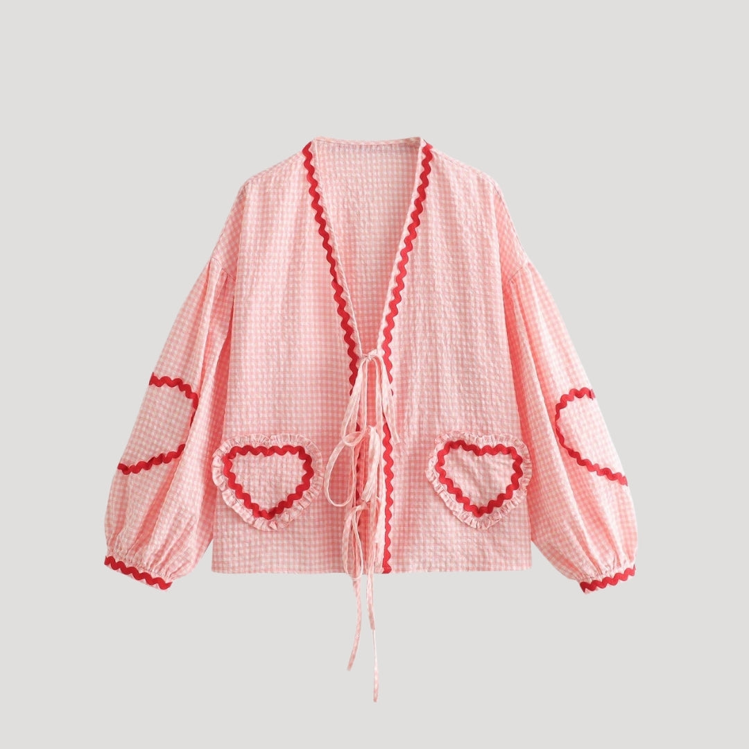 Stilla | Gingham Bånd Front Strikketrøje Med Hjerte Detaljer