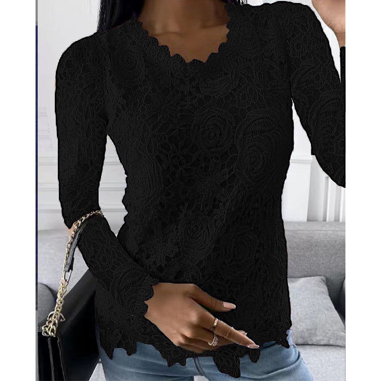 Stilla | Elegant Langærmet O Hals Blomsterprint Blonde Bluse