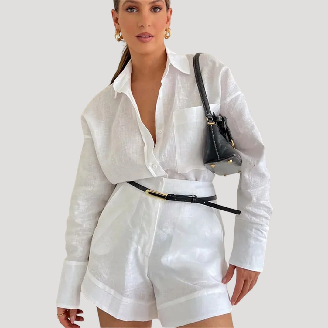 Stilla | Kvinders Linned Co Ord Sæt Afslappet Skjorte Og Shorts
