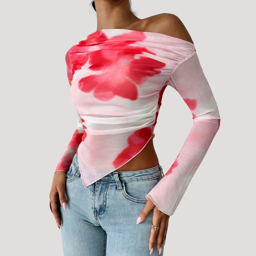 Stilla | Off Shoulder Blomster Mesh Top