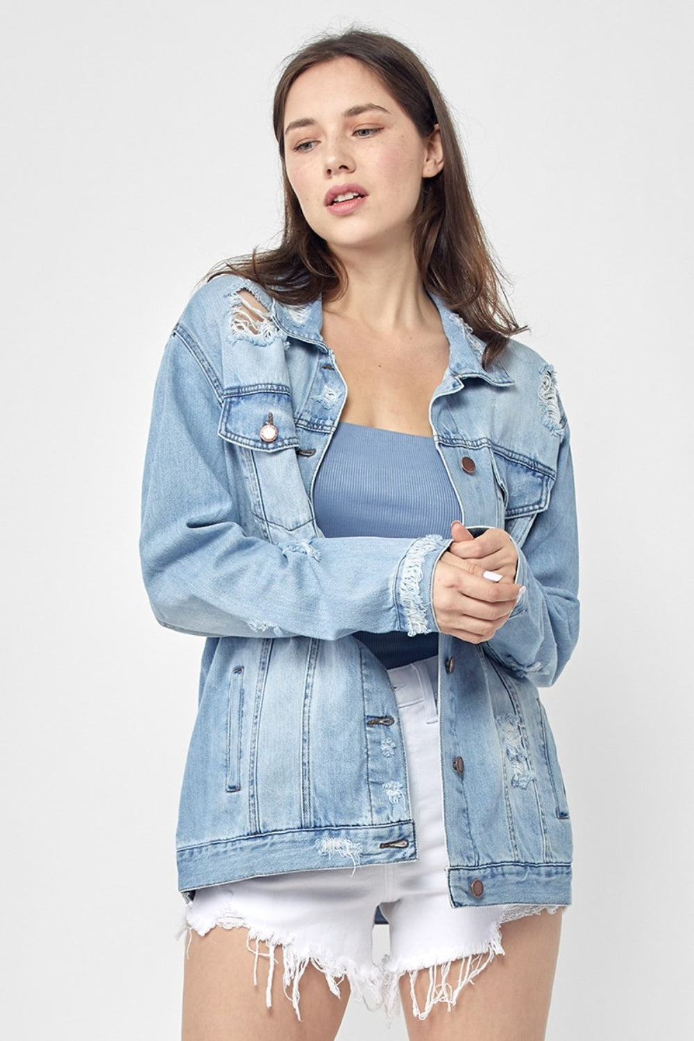 Stilla | Full Size Distressed Long Sleeve Denim Jacket