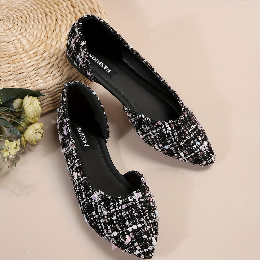 Stilla | Elegant Flad Tå Spids, Udskåret Side Tweed Slip on Sko