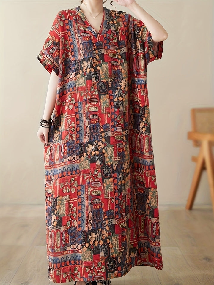 Stilla | Boho Linned Maxi Kjole Med Lommer V-Hals, Korte Ærmer