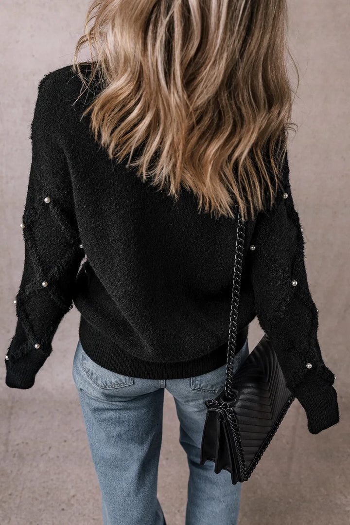 Stilla | Rundhalset Pullover Med Lange Ærmer og Perledetalje
