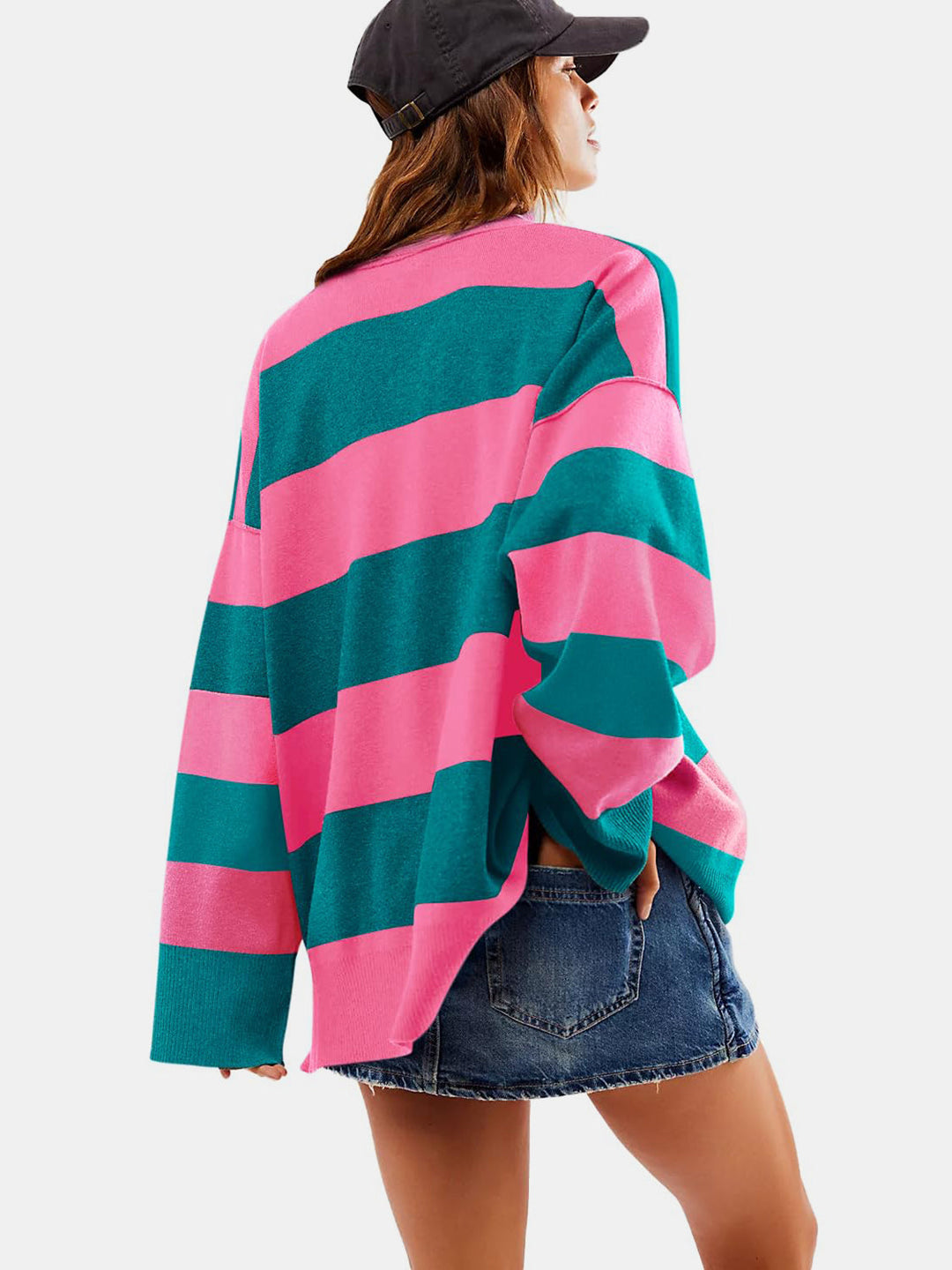 Stilla | Farveblok Sweater Med Lange Ærmer og Halv Lynlås