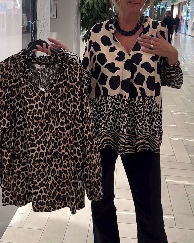 Stilla | Løs bluse med V-hals i leopardmønster