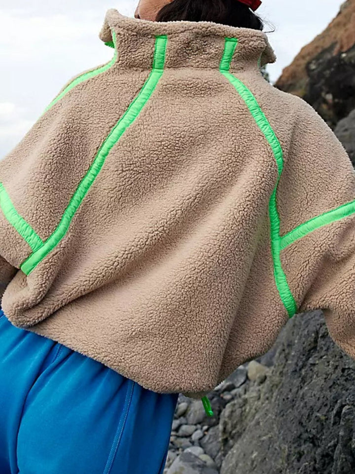 Stilla | Sweatjakke med Lange Ærmer i Plys med Snøre og Kontrastfarvet Halv Zip