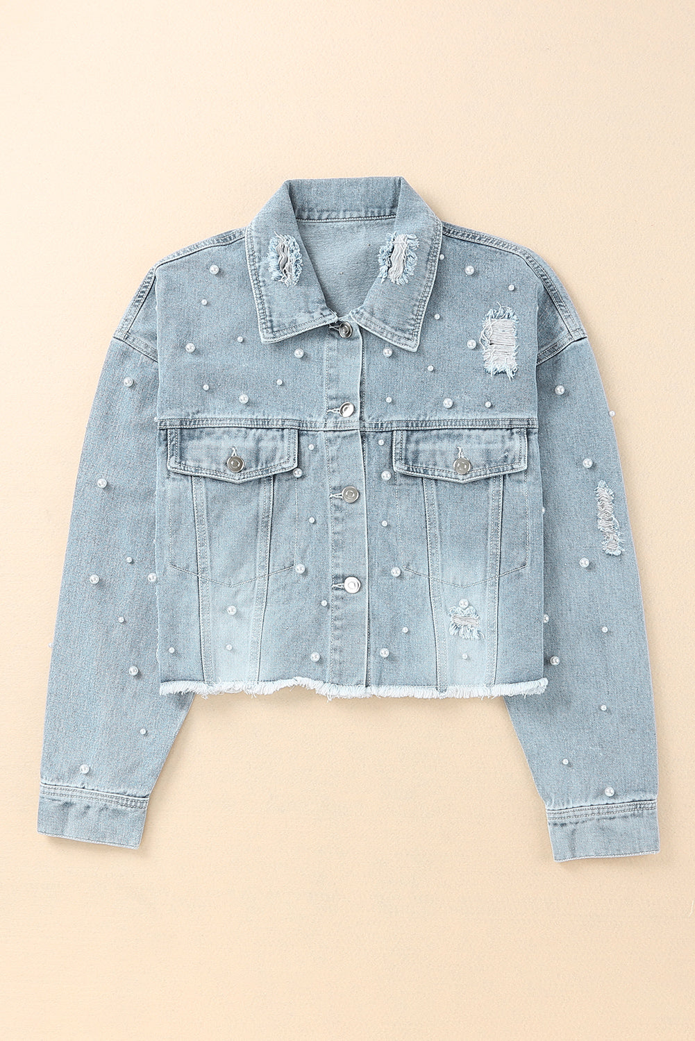 Stilla | Perle Trim Knappeluk Denim Jakke