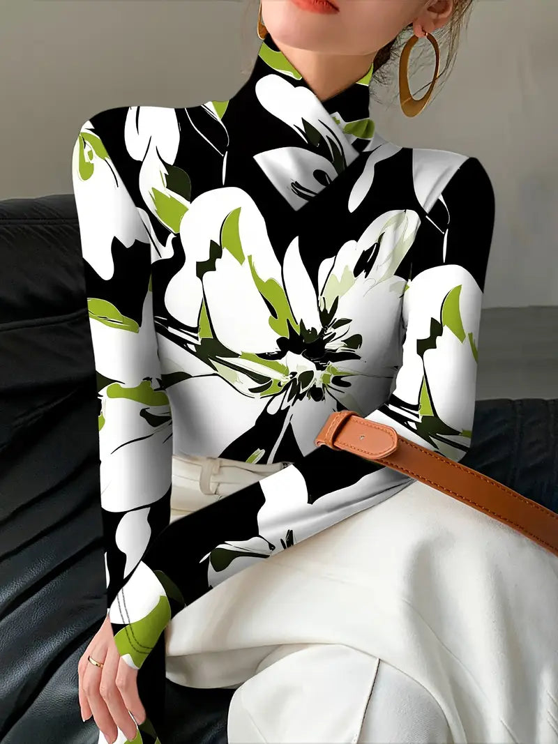 Stilla | Elegant Top Med Ståkrave Og Floral Tryk