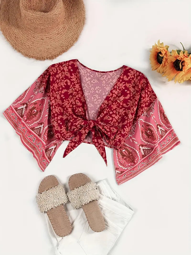 Stilla | Bluse Kort Med Tribal Print Og Knude Front