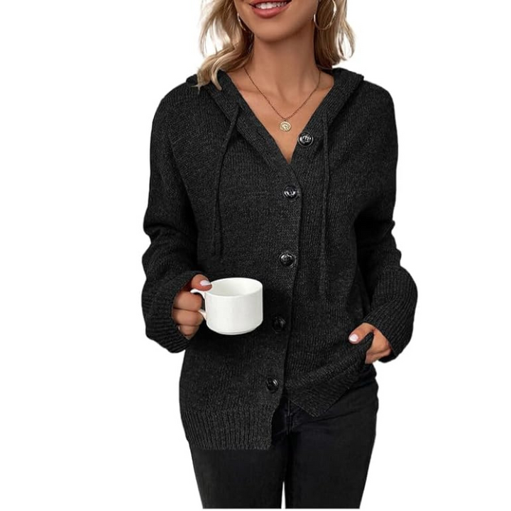 Stilla | Dame Cardigan Blød Strik Oversized-Pasform Knaplukning Hætte Ribkant