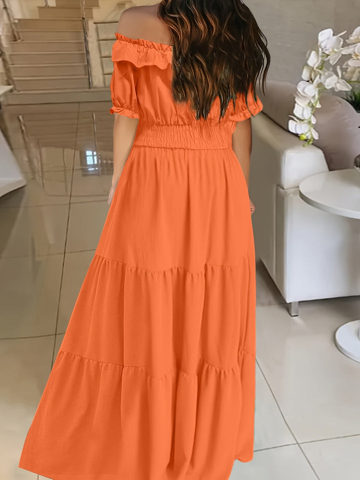 Stilla | Sommerkjole Med Bare Skuldre. Elegant Maxikjole Med Flæser
