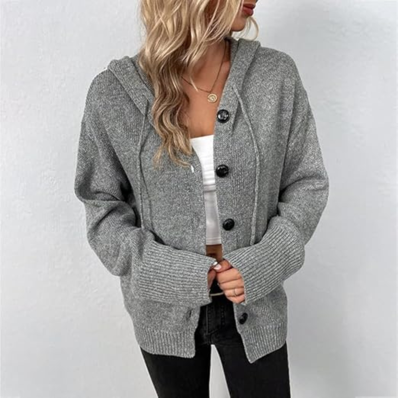 Stilla | Dame Cardigan Blød Strik Oversized-Pasform Knaplukning Hætte Ribkant