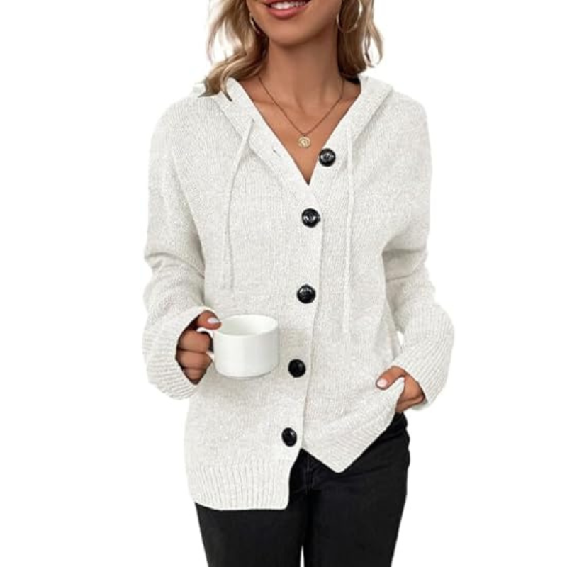 Stilla | Dame Cardigan Blød Strik Oversized-Pasform Knaplukning Hætte Ribkant