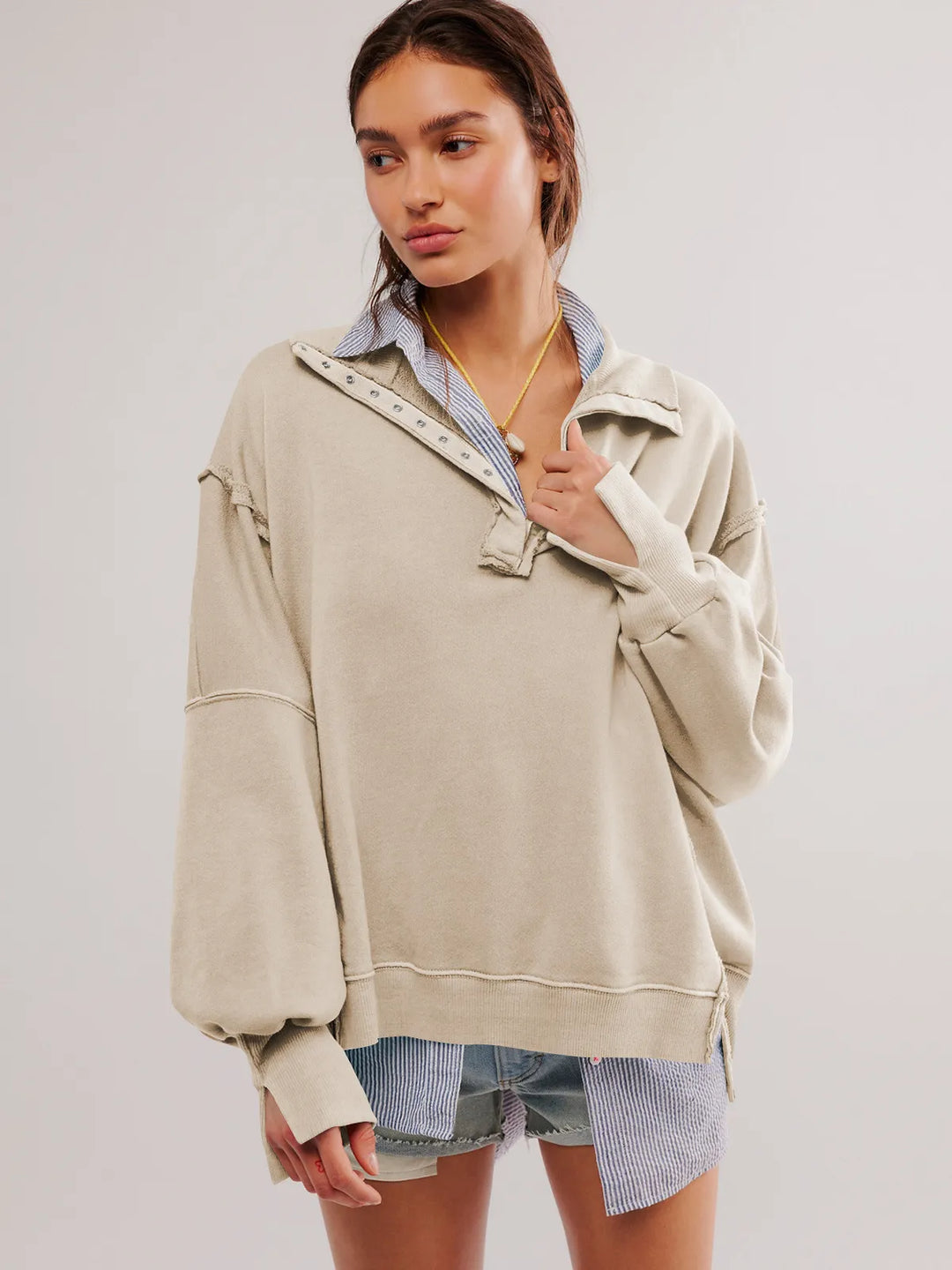 Stilla | Casual Sweatshirt Med Skipperkrave, Knaplukning Og Puffærmer