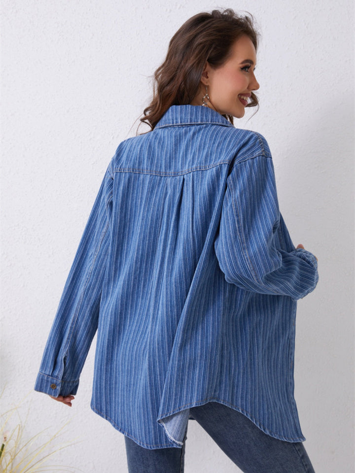 Stilla | Stribet Knappet Op Denim Skjorte