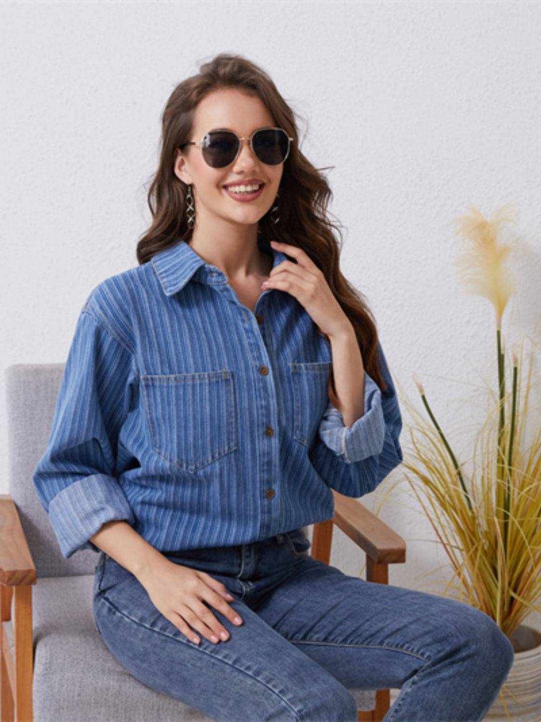 Stilla | Stribet Knappet Op Denim Skjorte