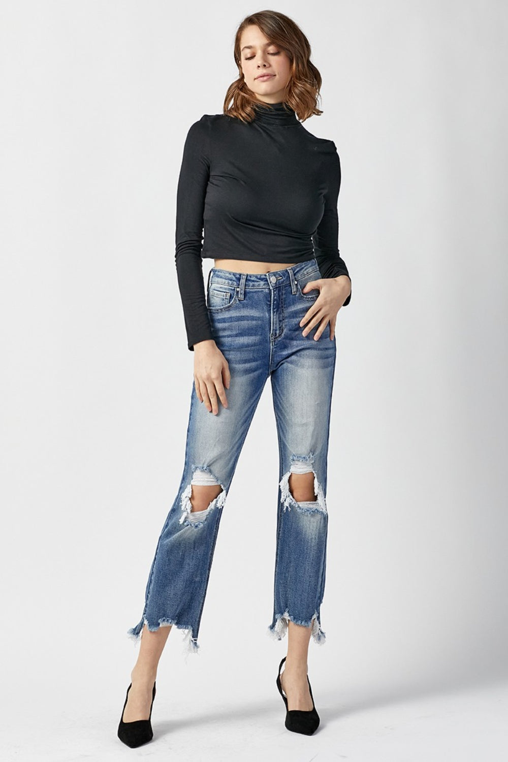 Stilla | Høj Talje Distressed Flosset Kant Beskåret Lige Jeans