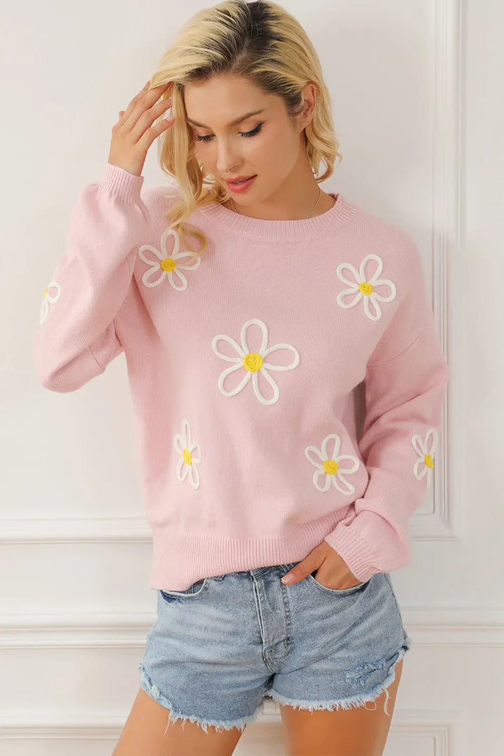 Stilla | Blomstret sweater med runde halsudskæring og overskårne skuldre
