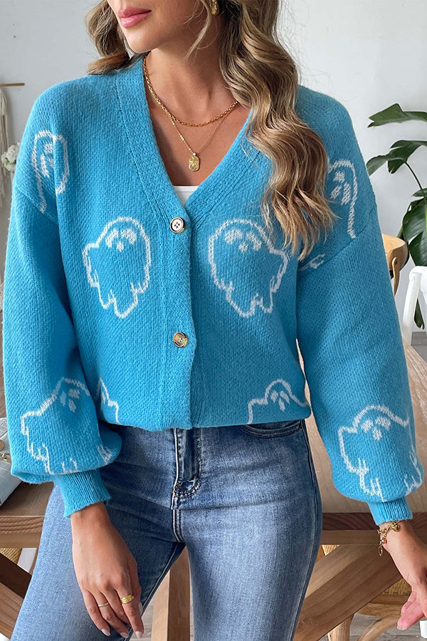 Stilla | Cozy Halloween Ghost Strik Sweater med Knapstolpe
