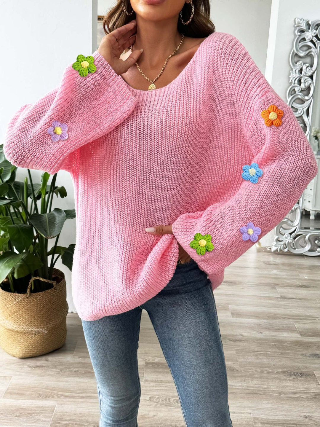 Stilla | Pullover med Floralt Rundhalsetuia og Lange Ærmer