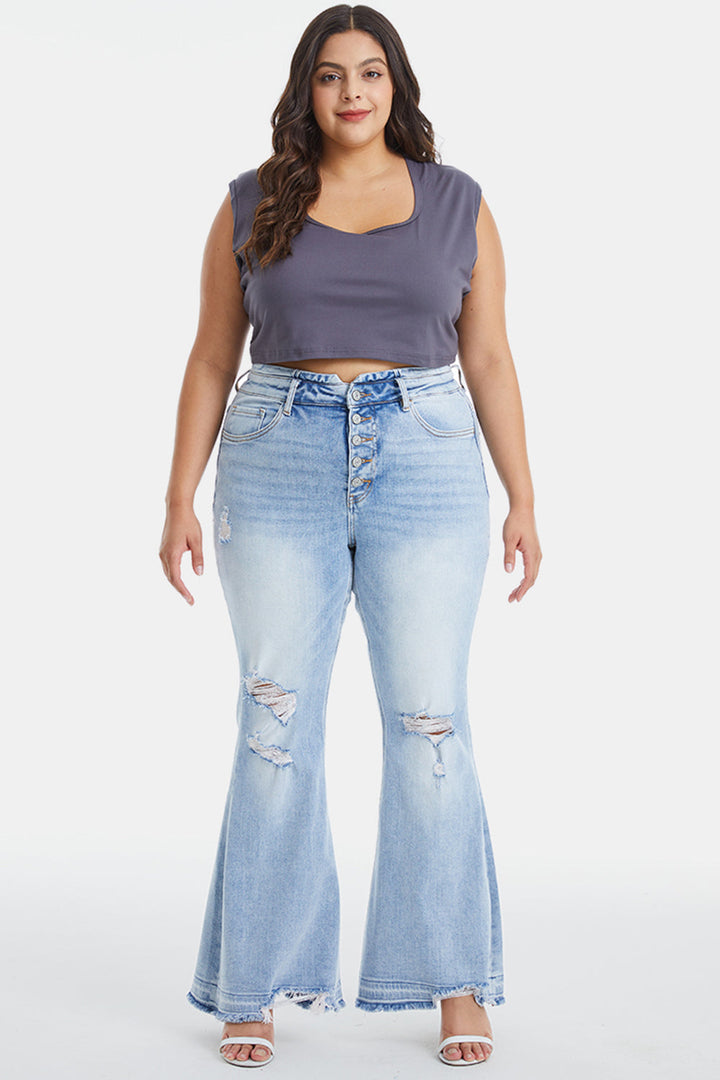 Stilla | Fuldt Størrelse Distressed Raw Hem Høj Talje Flare Jeans