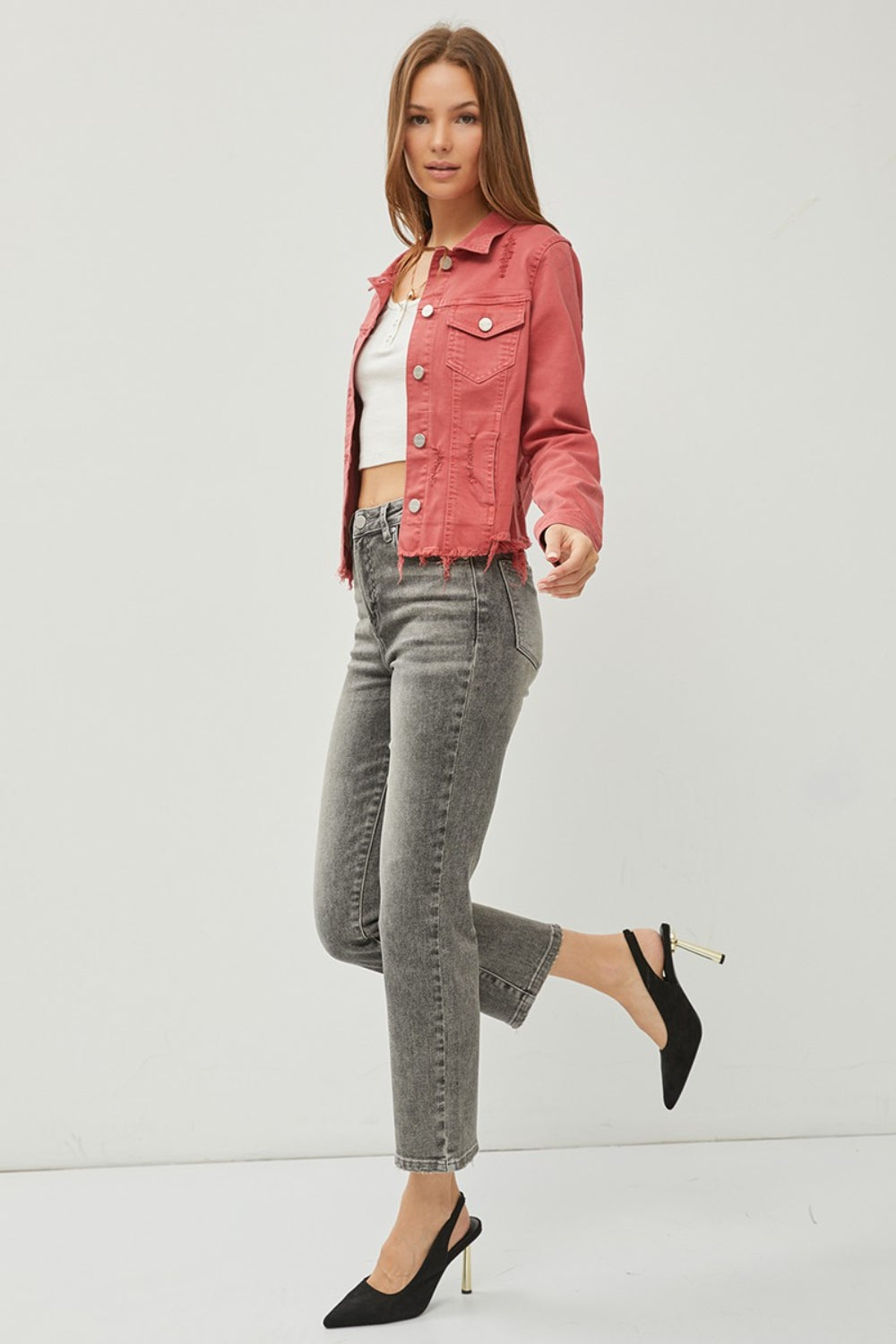 Stilla | Raw Hem Knappet Op Cropped Denim Jakke