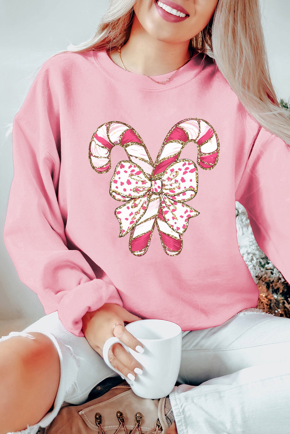 Stilla | Sweatshirt med nedfaldende skuldre og julegrafik samt roser sløjfe