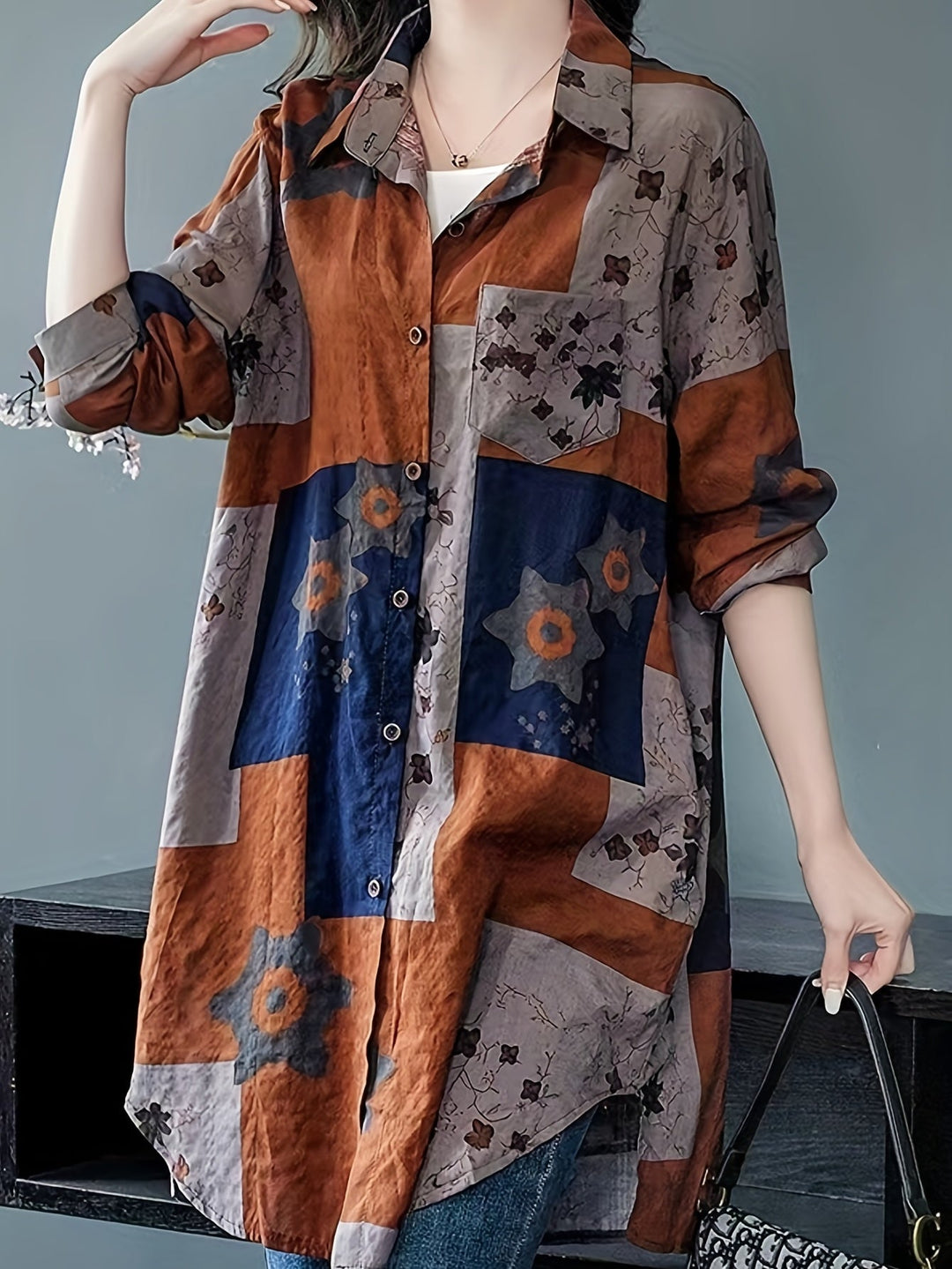 Stilla | Linned Bluse Oversize, Geometrisk Tryk, Lange Ærmer, Blanding Af Silke