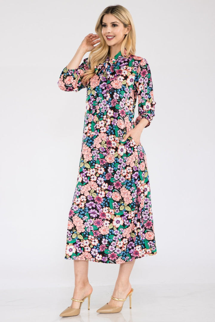 Stilla | Full Size Floral Midi Kjole Med Sløjfe Bundet