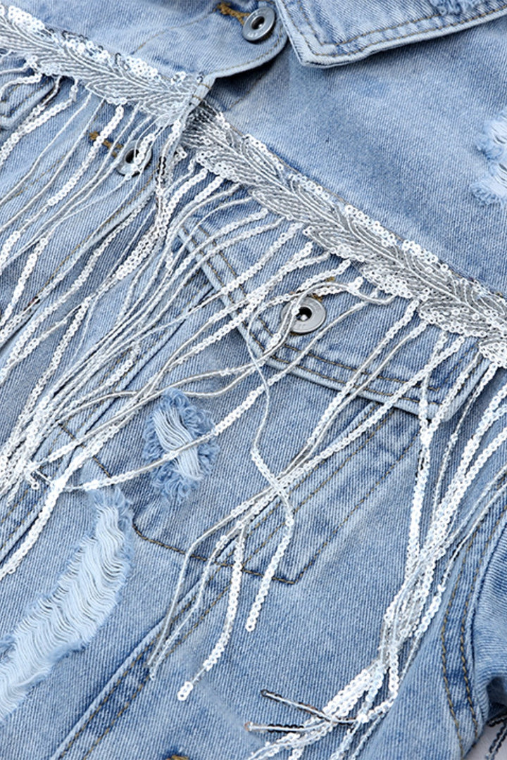 Stilla | Frynse trim distressed knap-up denimjakke