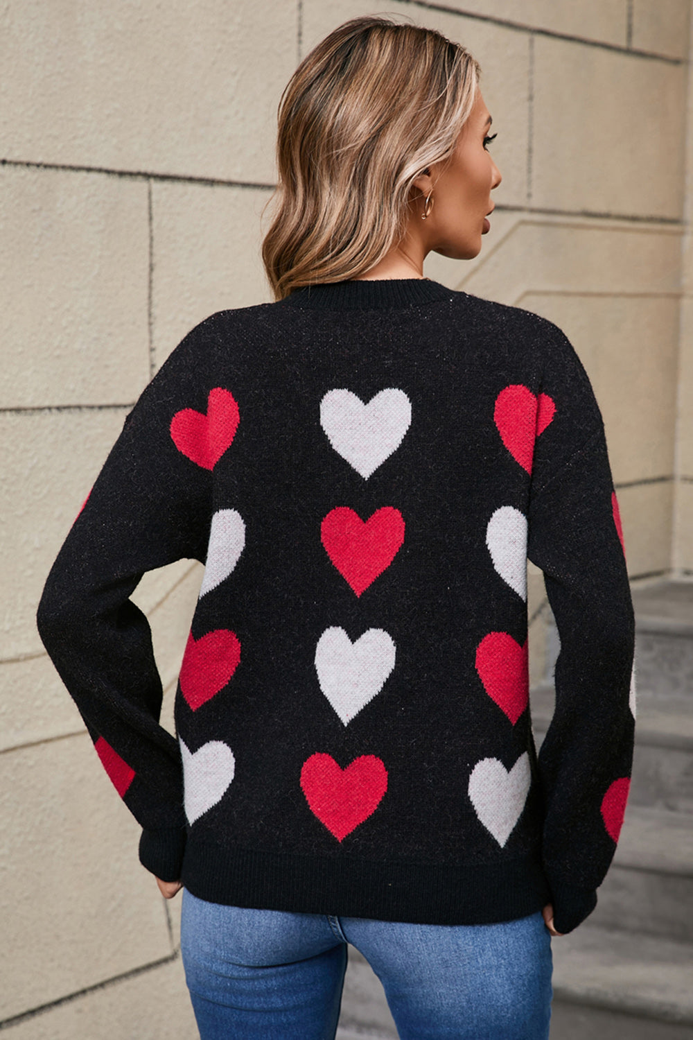 Stilla | Pullover med hjerte-mønster og rund halsudskæring