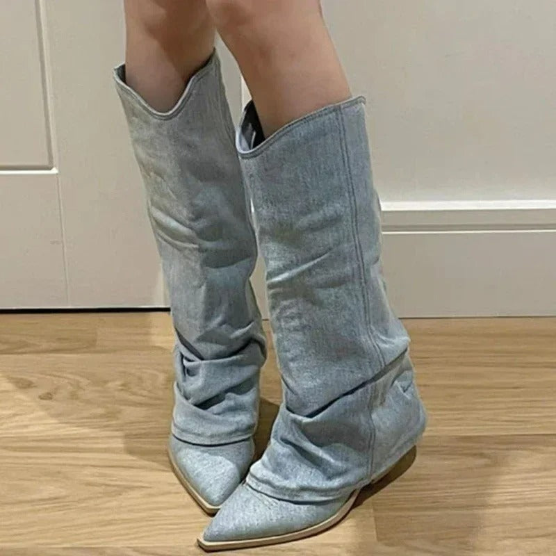 Stilla | Kvinder Knælang Denim Cowboy Støvler