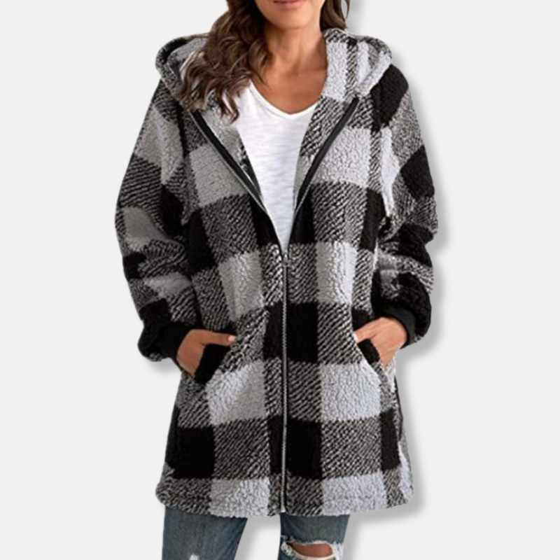 Stilla | Hættepullover Plus Size Pasform Rute-mønster Blødt strikmateriale Fuldt lynlås