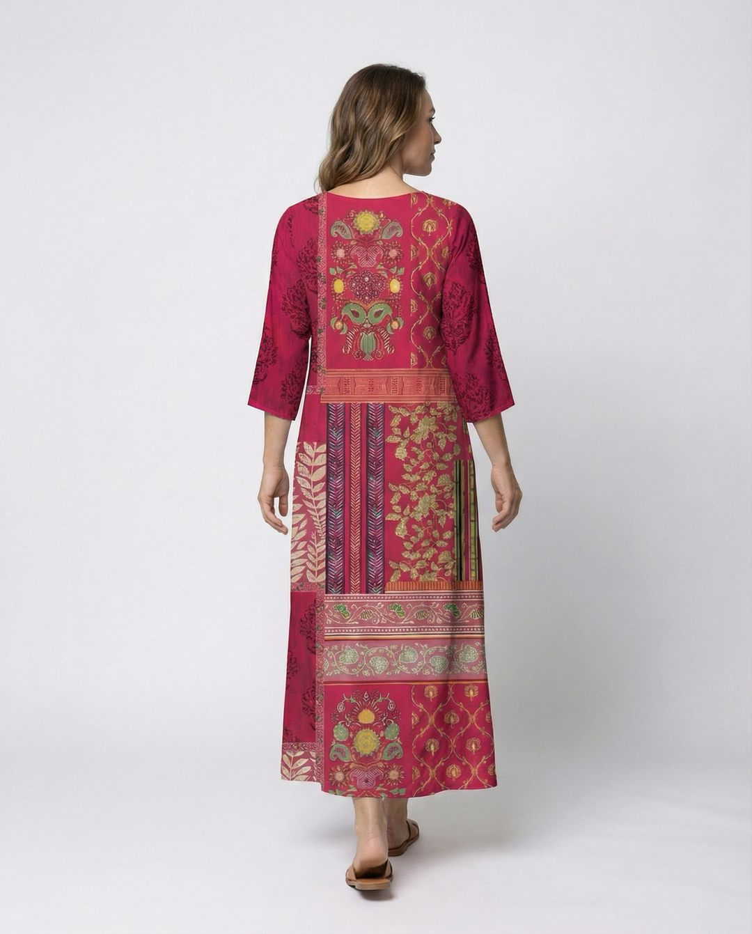 Dame Boho-Kaftan-Kjole med Flydende Stof & Benlukke Skovae