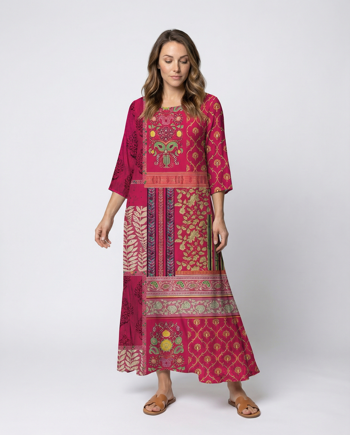 Dame Boho-Kaftan-Kjole med Flydende Stof & Benlukke Skovae