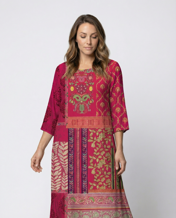 Dame Boho-Kaftan-Kjole med Flydende Stof & Benlukke Skovae