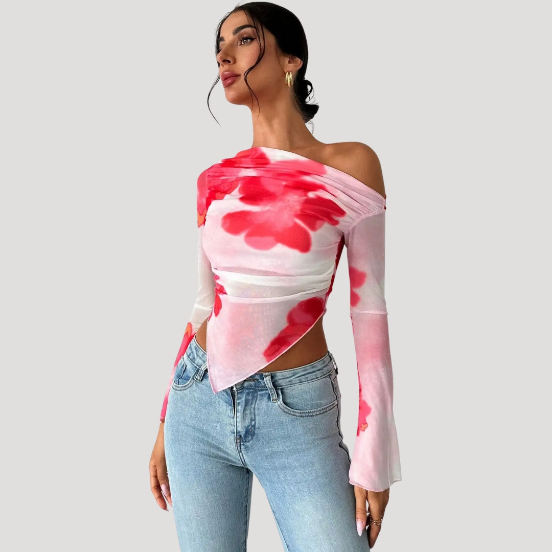 Stilla | Off Shoulder Blomster Mesh Top