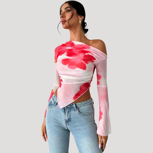 Stilla | Off Shoulder Blomster Mesh Top
