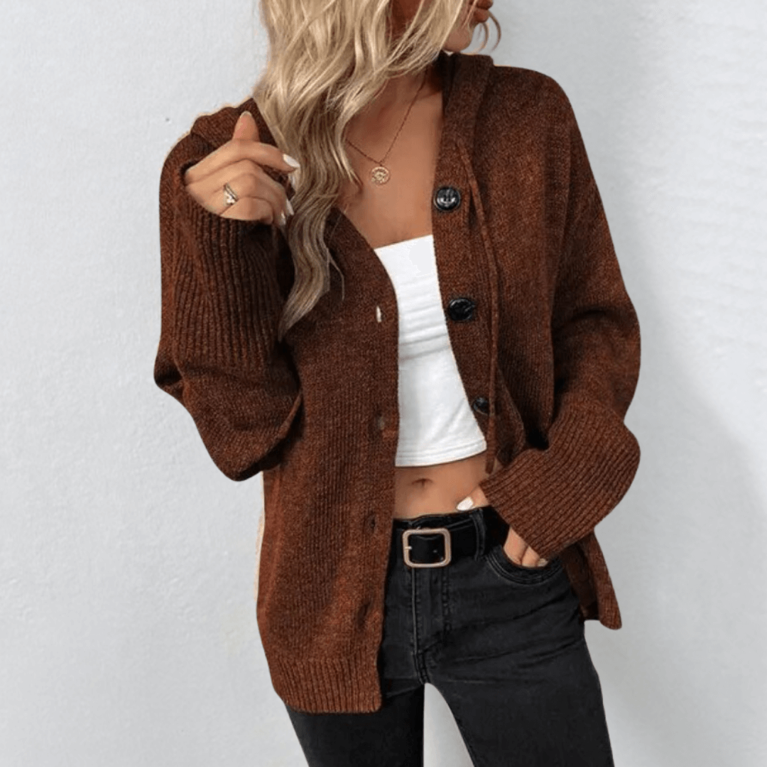 Stilla | Dame Cardigan Blød Strik Oversized-Pasform Knaplukning Hætte Ribkant