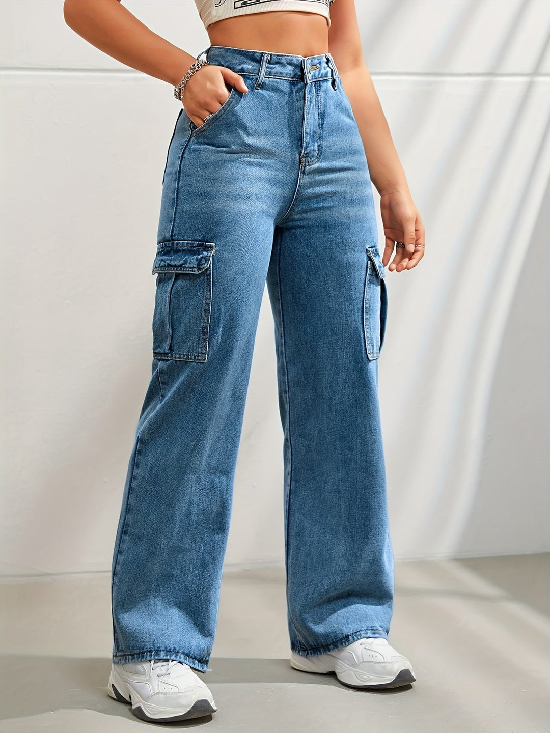 Stilla | Højtaljede Denim Cargobukser