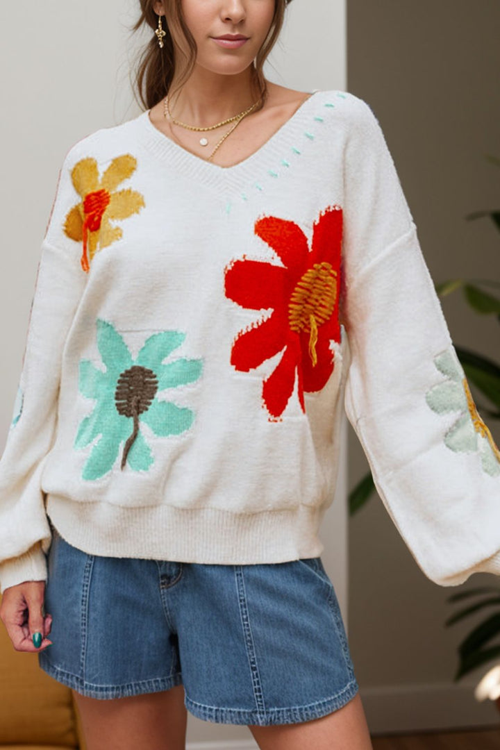 Stilla | Blomster Pullover Med V-udskæring og Nedsatte Skuldre
