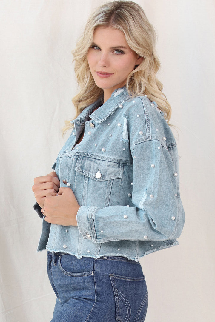 Stilla | Perle Trim Knappeluk Denim Jakke