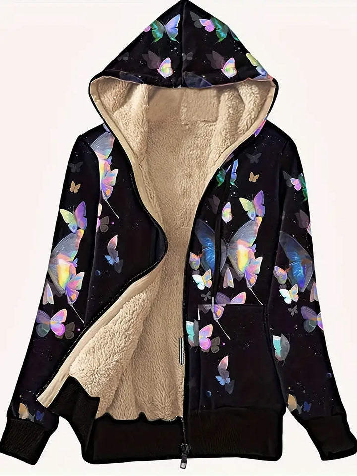 Stilla | Sweatjakke med foer af fake-fur med sommerfuglevinge-print