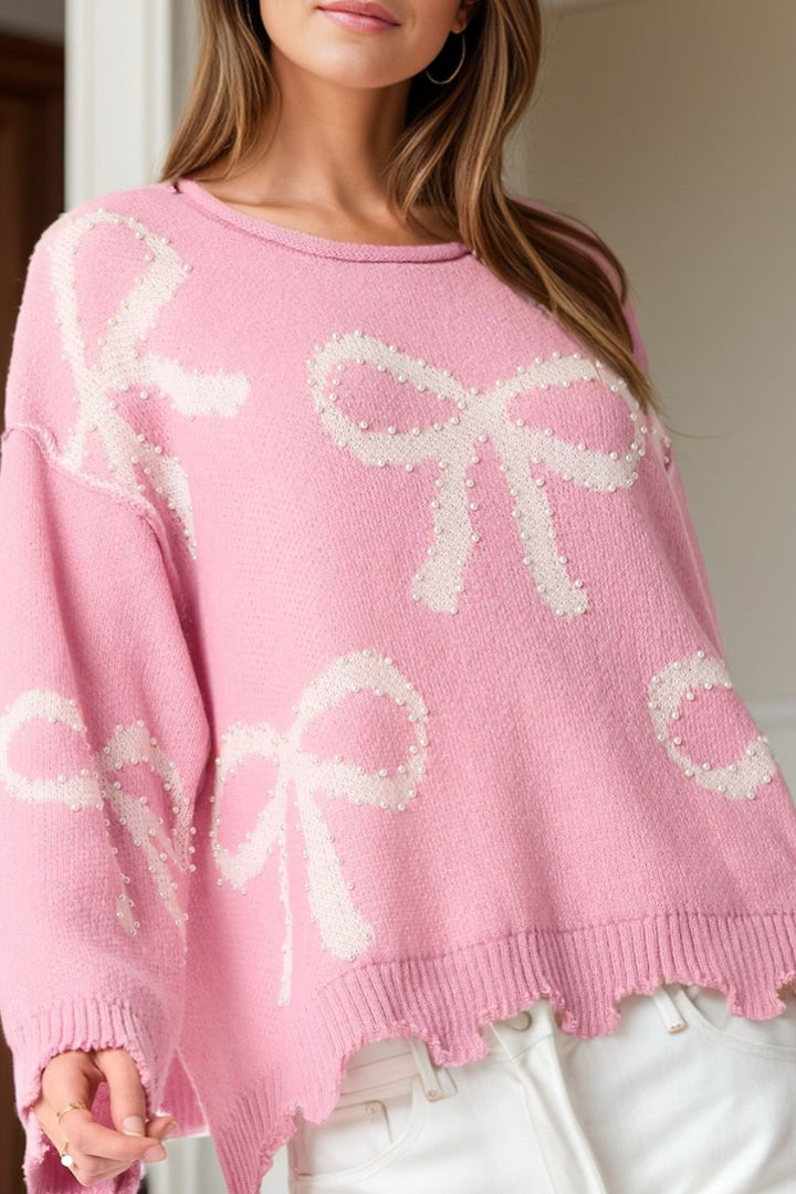 Stilla | Rundhalset Pullover Med Lange Ærmer og Perler samt Sløjfedetalje