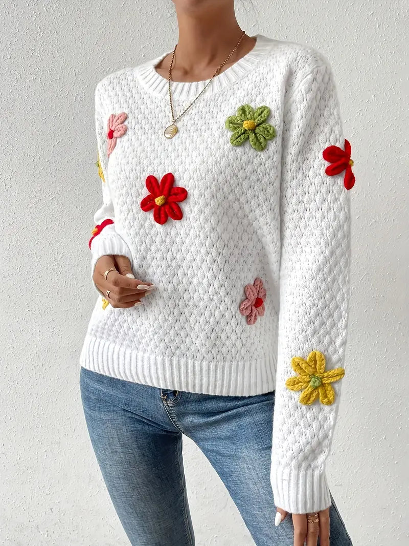 Stilla | Striktrøje med 3d blomsterdesign