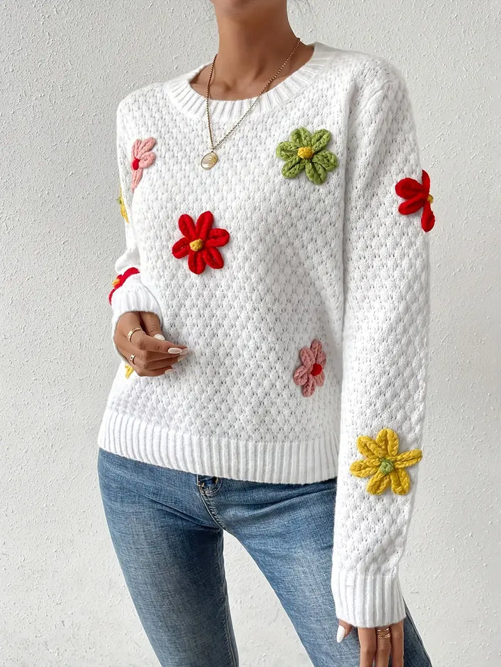Stilla | Striktrøje med 3d blomsterbroderi