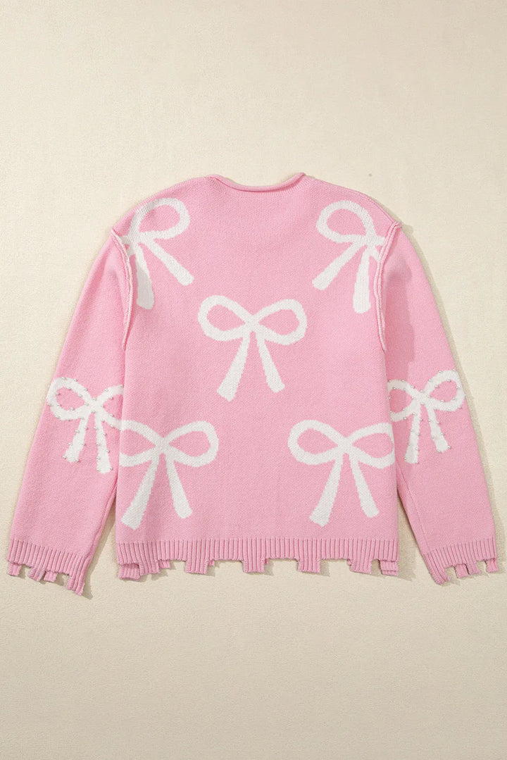 Stilla | Rundhalset Pullover Med Lange Ærmer og Perler samt Sløjfedetalje