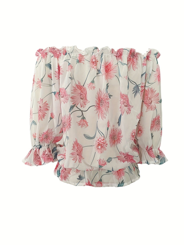 Stilla | Lettet Chiffon Bluse Der Afslører Skuldrene Ballonsleeves Blomstermønster